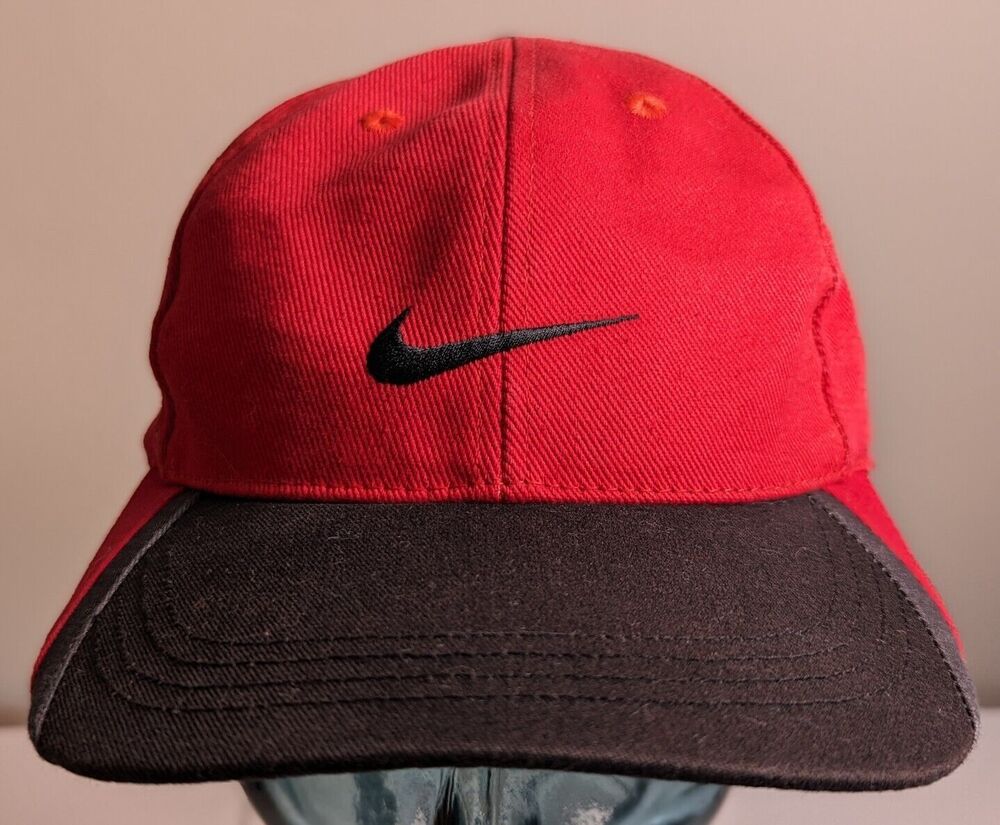 Vintage 90's Nike Golf Hat Cap Center Swoosh Adjustable Strap Red Black Gray